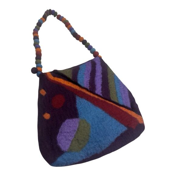 RISING TIDE Purple Hand Stitch Round Wool Felt Ball Bag Boho Artsy Hippie Nepal - Picture 3 of 14